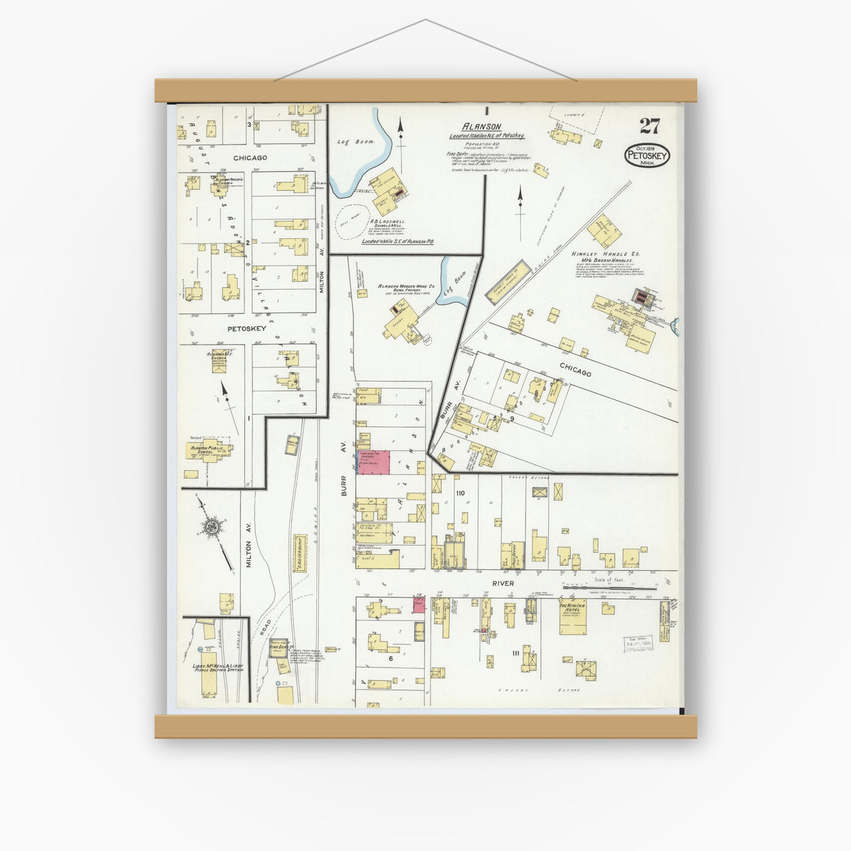 Old map wall art mockup — magnetic wood frame on white wall — Sanborn Fire Insurance Map from Petoskey, Emmet County, Michigan (1919), Sheet #0027