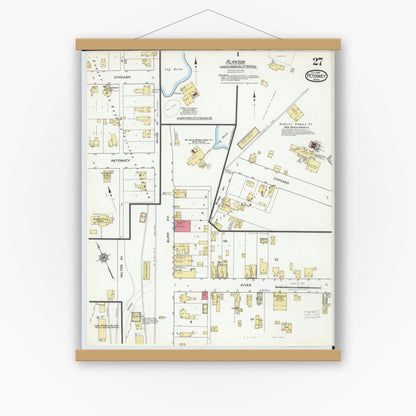 Old map wall art mockup — magnetic wood frame on white wall — Sanborn Fire Insurance Map from Petoskey, Emmet County, Michigan (1919), Sheet #0027