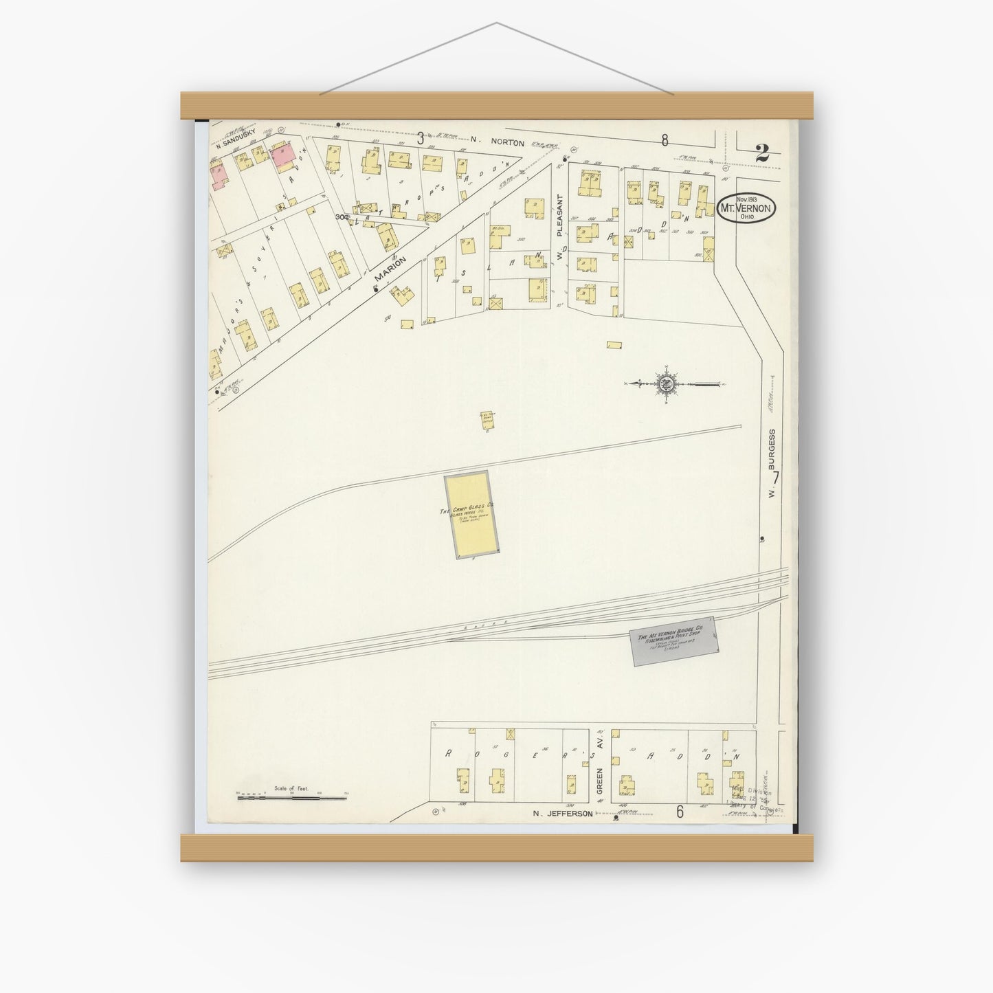 Old map wall art mockup — magnetic wood frame on white wall — Sanborn Fire Insurance Map from Mount Vernon, Knox County, Ohio (1913), Sheet #0002