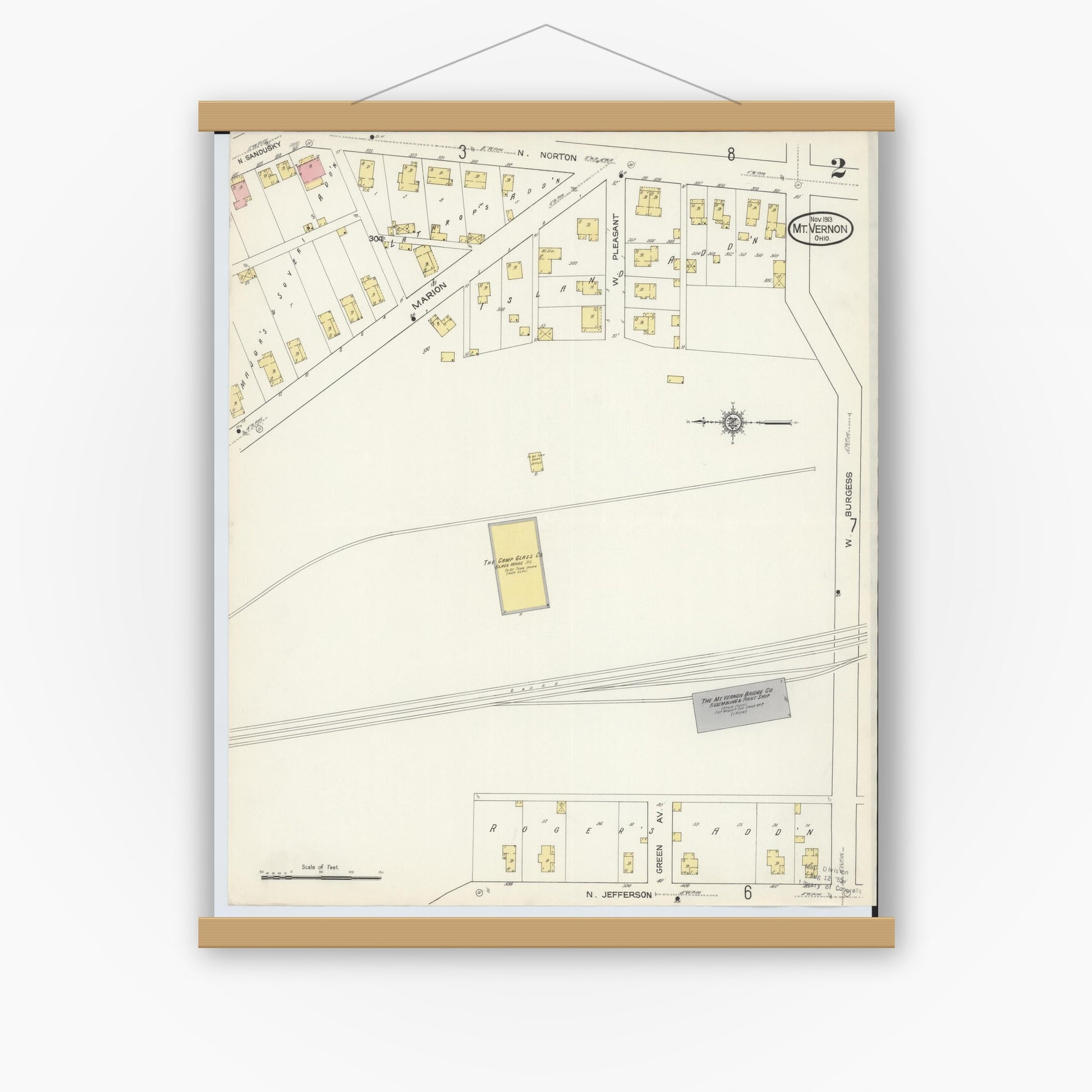 Old map wall art mockup — magnetic wood frame on white wall — Sanborn Fire Insurance Map from Mount Vernon, Knox County, Ohio (1913), Sheet #0002