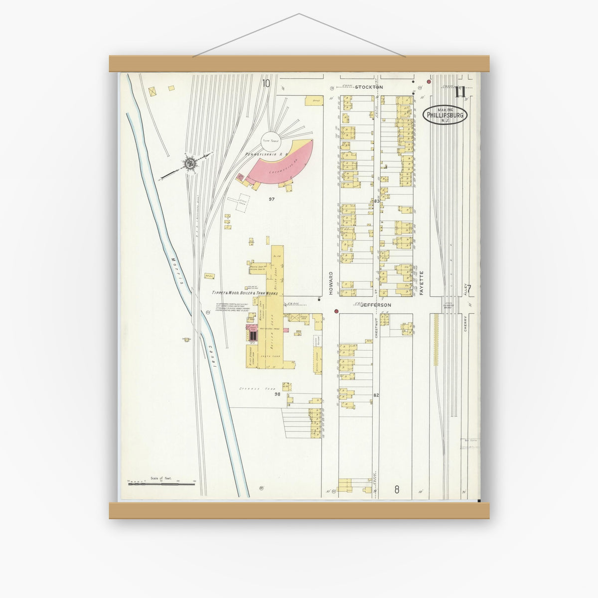 Old map wall art mockup — magnetic wood frame on white wall — Sanborn Fire Insurance Map from Phillipsburg, Warren County, New Jersey (1916), Sheet #0011