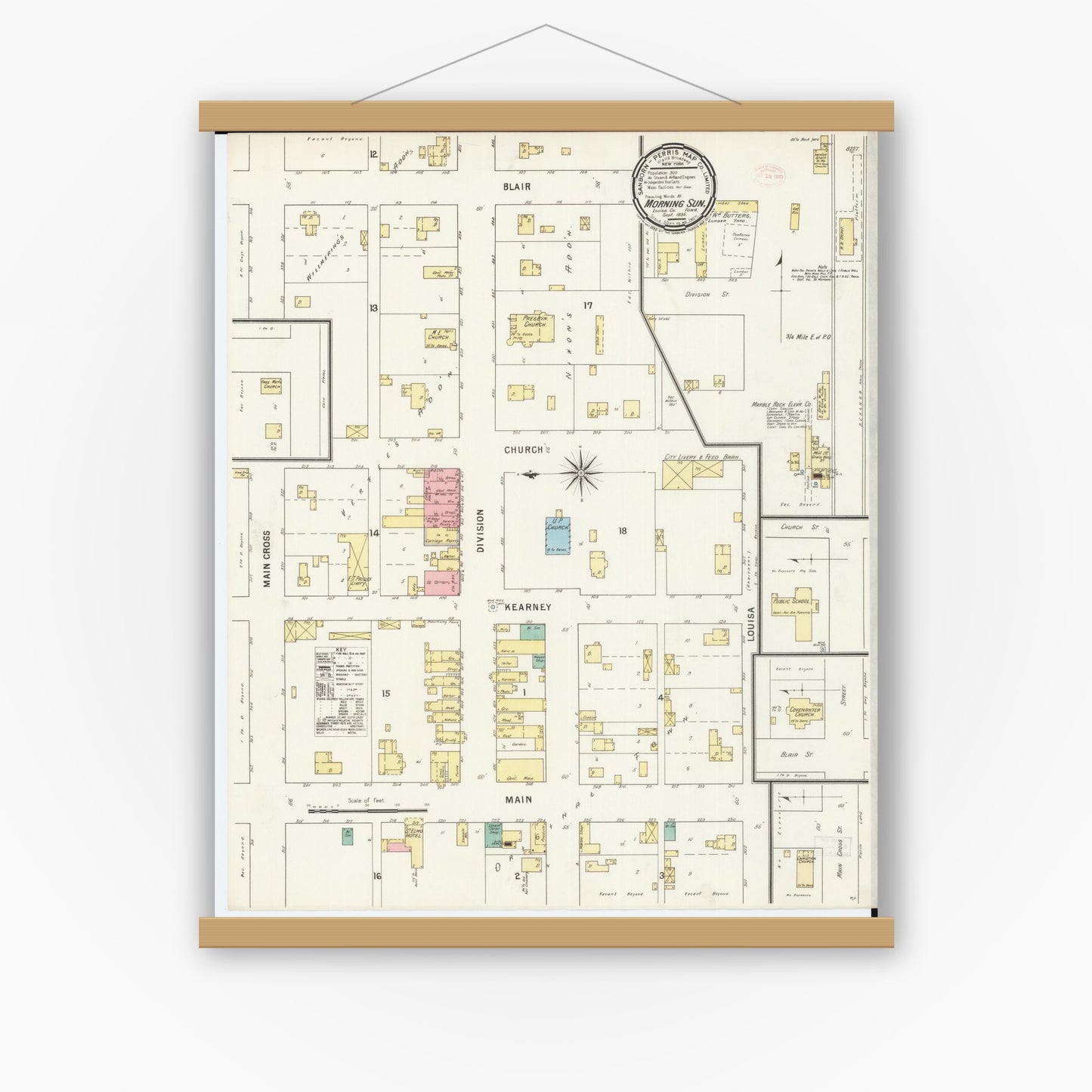 Old map wall art mockup — magnetic wood frame on white wall — Sanborn Fire Insurance Map from Morning Sun, Louisa County, Iowa (1895), Sheet #0001
