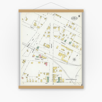 Old map wall art mockup — magnetic wood frame on white wall — Sanborn Fire Insurance Map from Hicksville, Nassau County, New York (1902), Sheet #0002