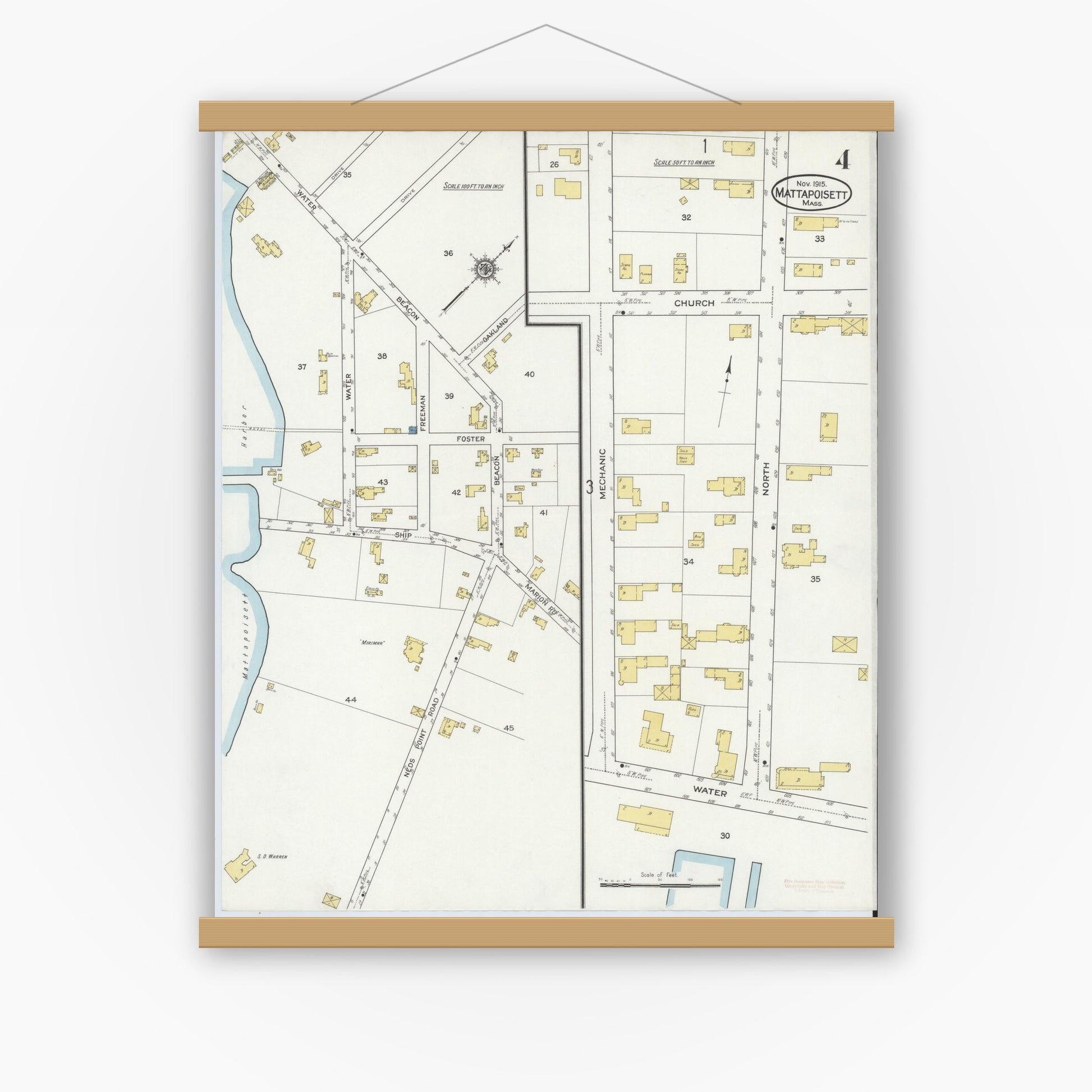 Old map wall art mockup — magnetic wood frame on white wall — Sanborn Fire Insurance Map from Mattapoisett, Plymouth County, Massachusetts (1915), Sheet #0004