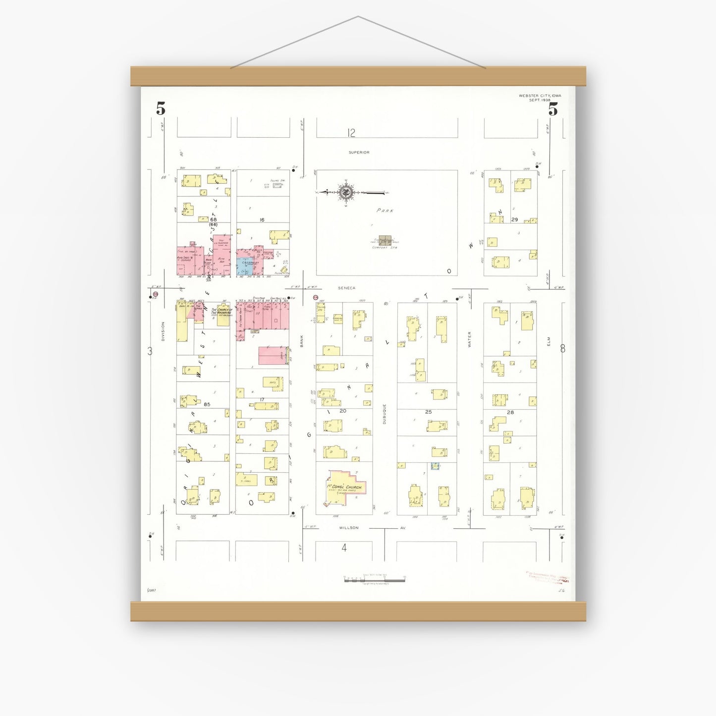Old map wall art mockup — magnetic wood frame on white wall — Sanborn Fire Insurance Map from Webster City, Hamilton County, Iowa (1938), Sheet #0005