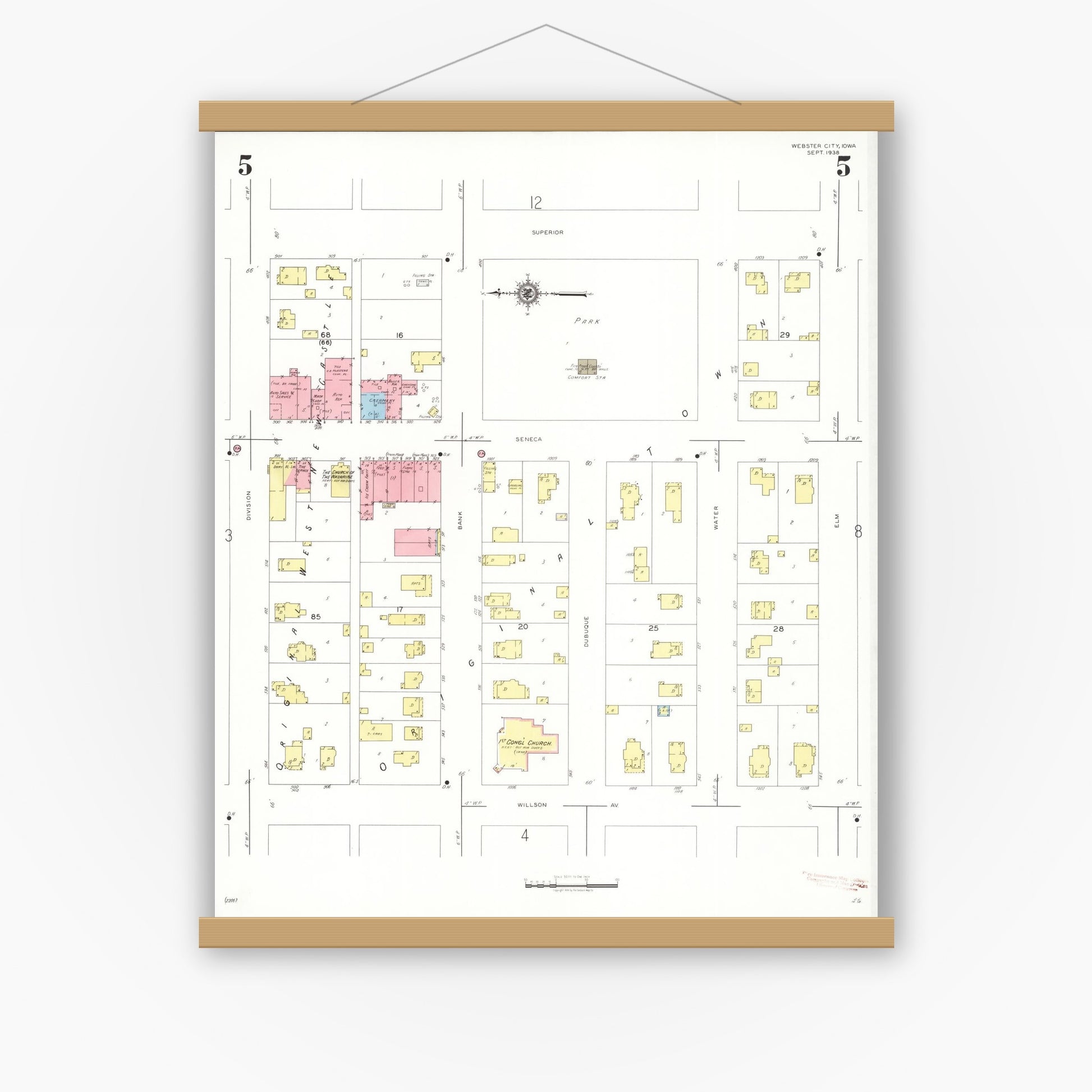 Old map wall art mockup — magnetic wood frame on white wall — Sanborn Fire Insurance Map from Webster City, Hamilton County, Iowa (1938), Sheet #0005
