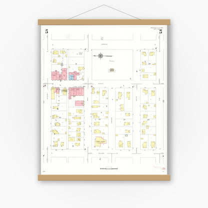 Old map wall art mockup — magnetic wood frame on white wall — Sanborn Fire Insurance Map from Webster City, Hamilton County, Iowa (1938), Sheet #0005