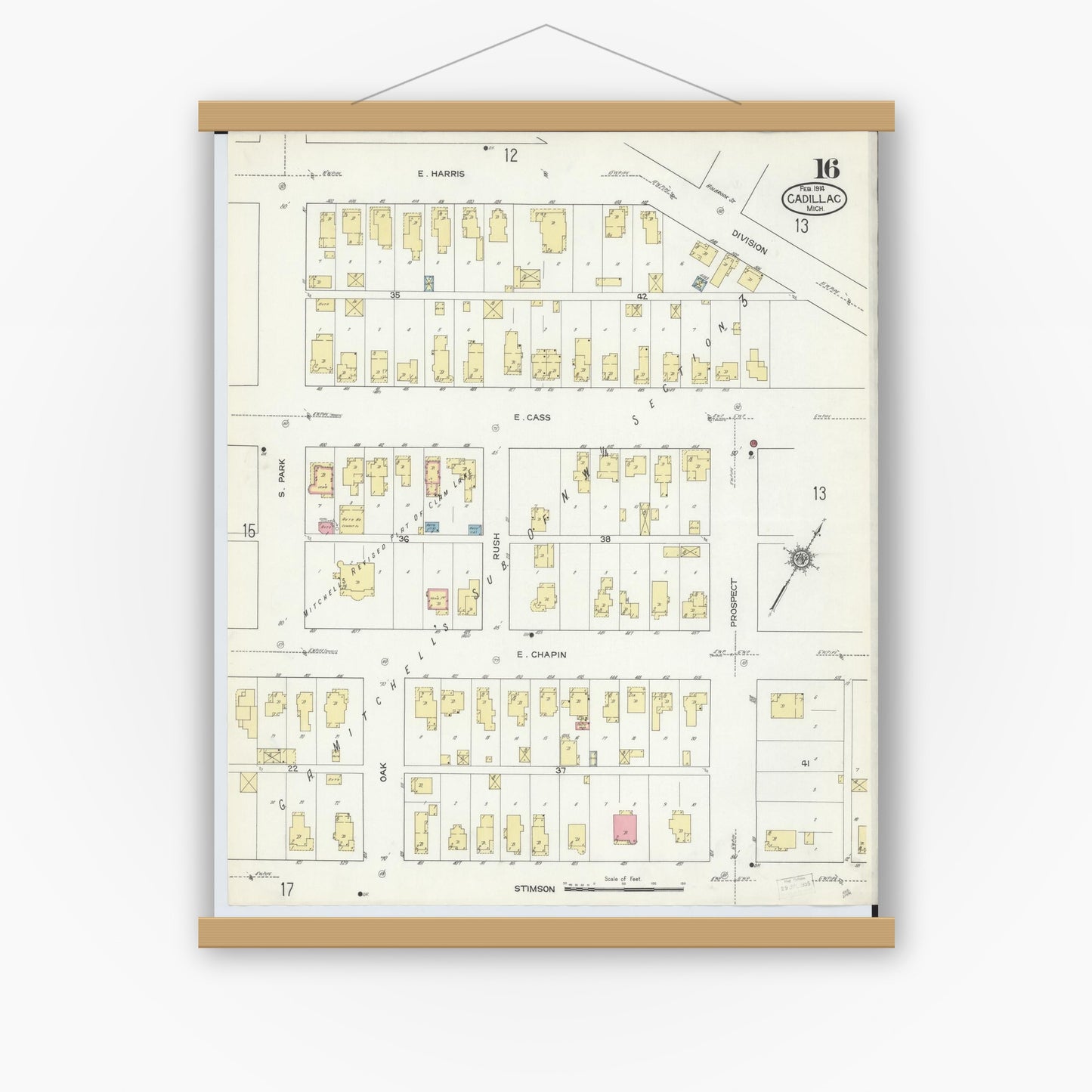 Old map wall art mockup — magnetic wood frame on white wall — Sanborn Fire Insurance Map from Cadillac, Wexford County, Michigan (1914), Sheet #0016
