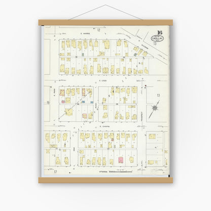 Old map wall art mockup — magnetic wood frame on white wall — Sanborn Fire Insurance Map from Cadillac, Wexford County, Michigan (1914), Sheet #0016