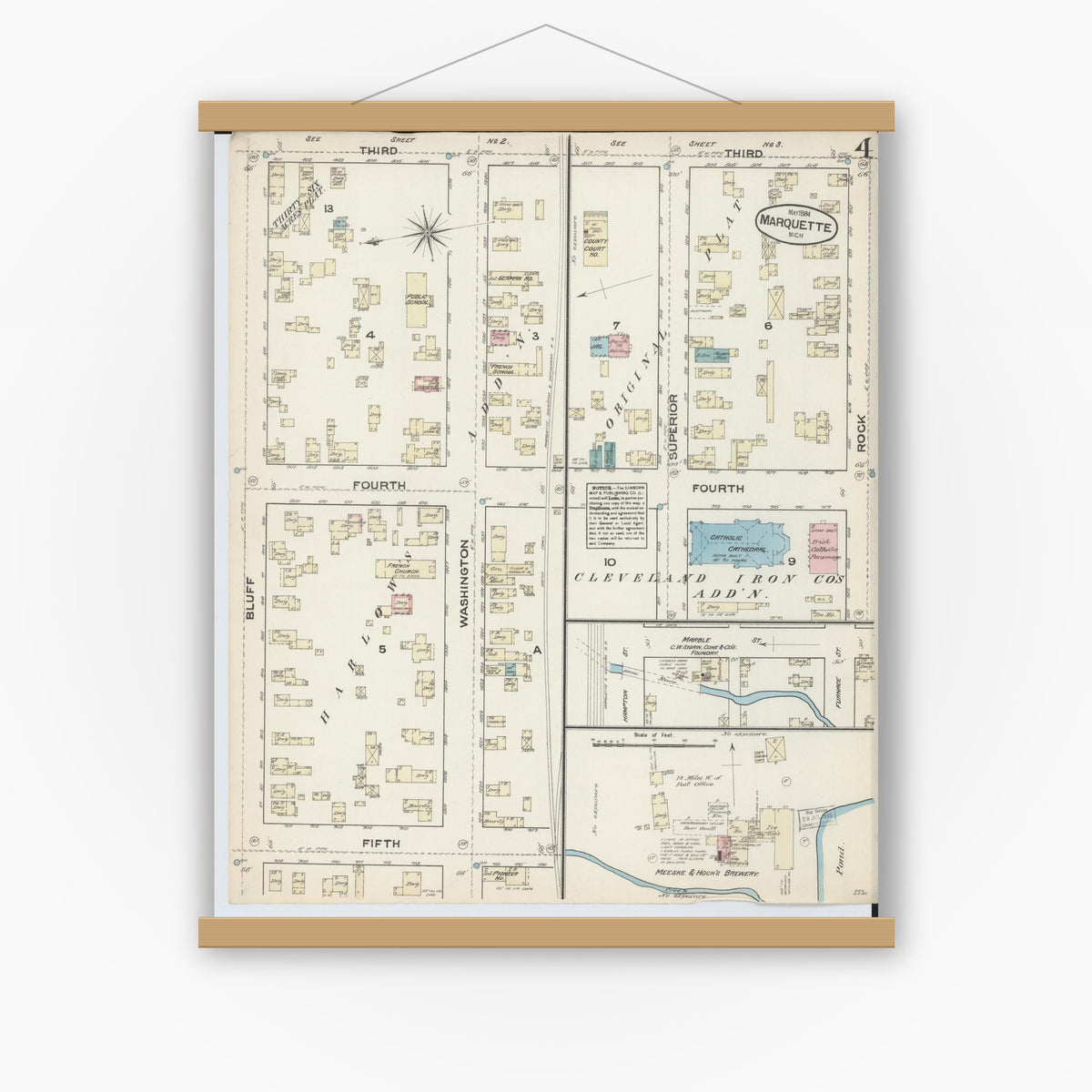 Old map wall art mockup — magnetic wood frame on white wall — Sanborn Fire Insurance Map from Marquette, Marquette County, Michigan (1884), Sheet #0004