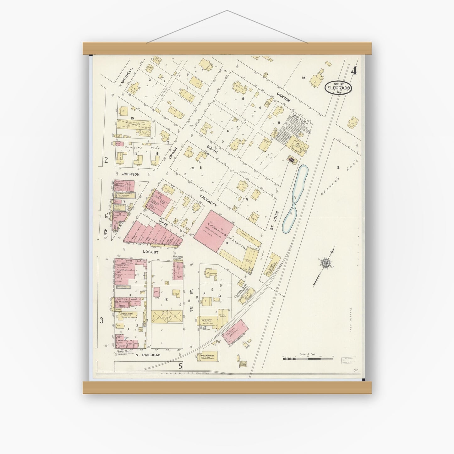 Old map wall art mockup — magnetic wood frame on white wall — Sanborn Fire Insurance Map from Eldorado, Saline County, Illinois (1911), Sheet #0004