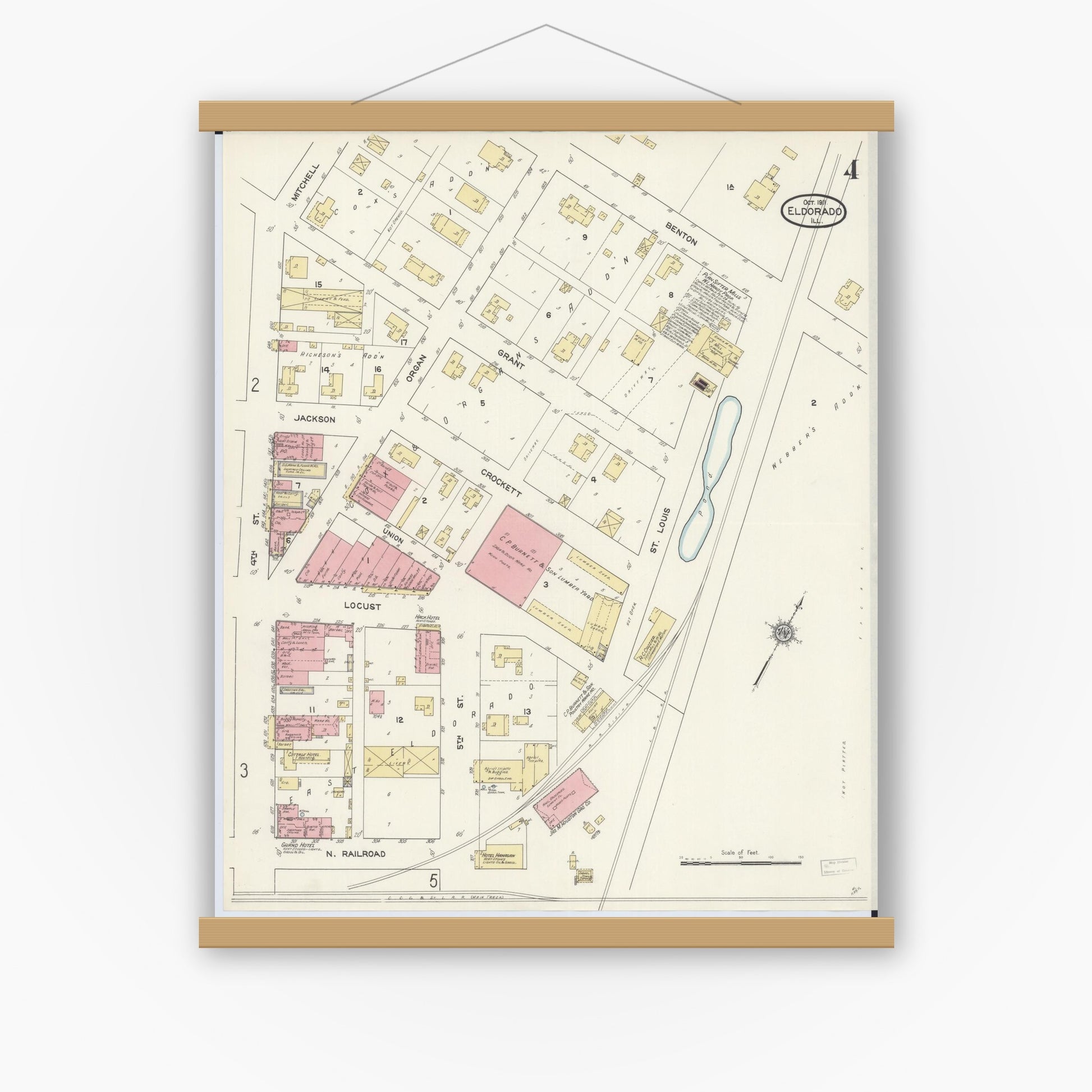 Old map wall art mockup — magnetic wood frame on white wall — Sanborn Fire Insurance Map from Eldorado, Saline County, Illinois (1911), Sheet #0004