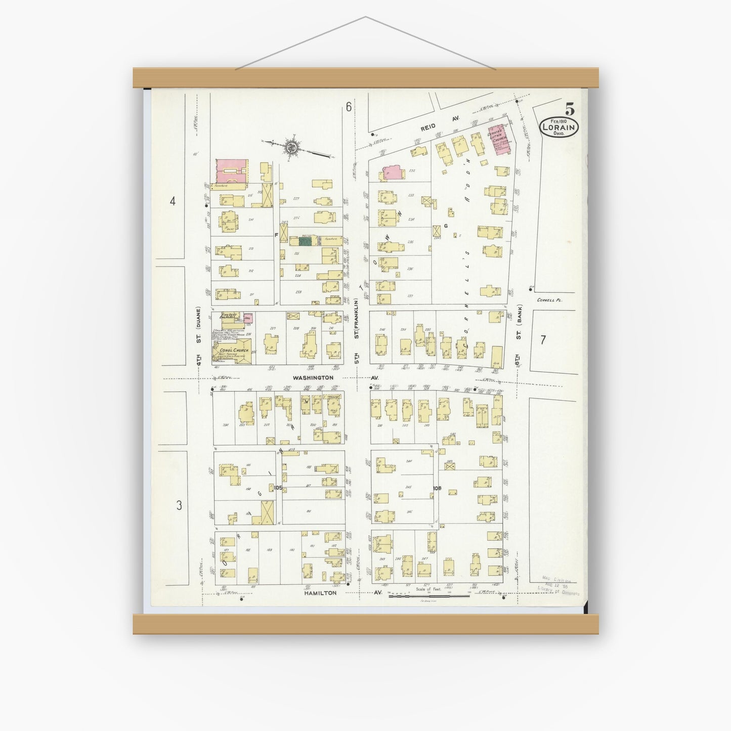 Old map wall art mockup — magnetic wood frame on white wall — Sanborn Fire Insurance Map from Lorain, Lorain County, Ohio (1910), Sheet #0005