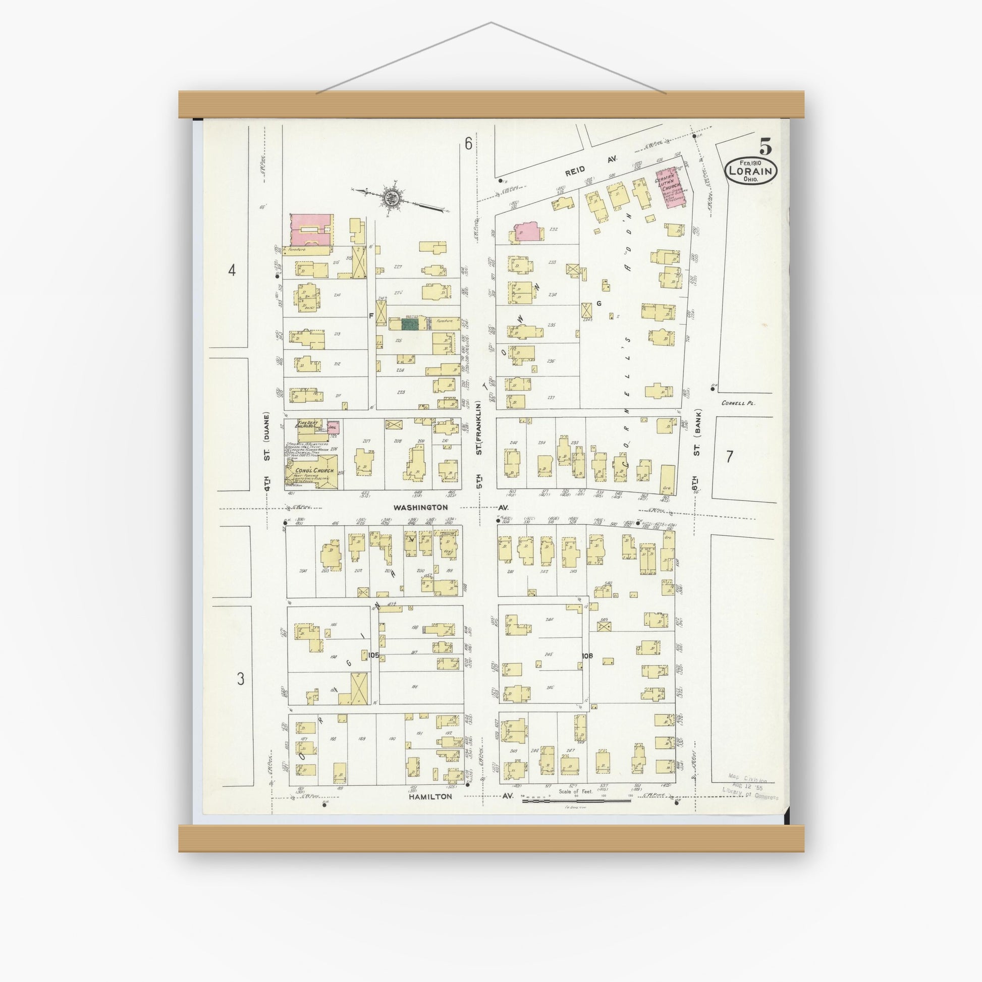 Old map wall art mockup — magnetic wood frame on white wall — Sanborn Fire Insurance Map from Lorain, Lorain County, Ohio (1910), Sheet #0005