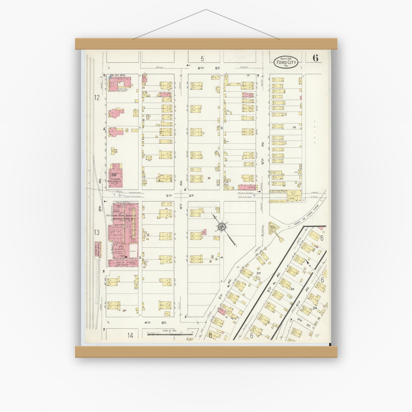 Old map wall art mockup — magnetic wood frame on white wall — Sanborn Fire Insurance Map from Ford City, Armstrong County, Pennsylvania (1913), Sheet #0006