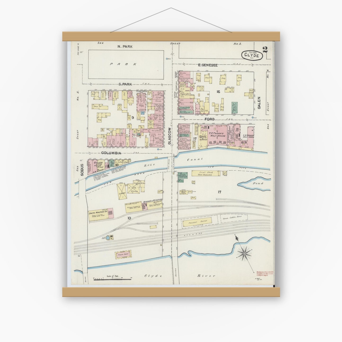Old map wall art mockup — magnetic wood frame on white wall — Sanborn Fire Insurance Map from Clyde, Wayne County, New York (1890) - Complete Map Set