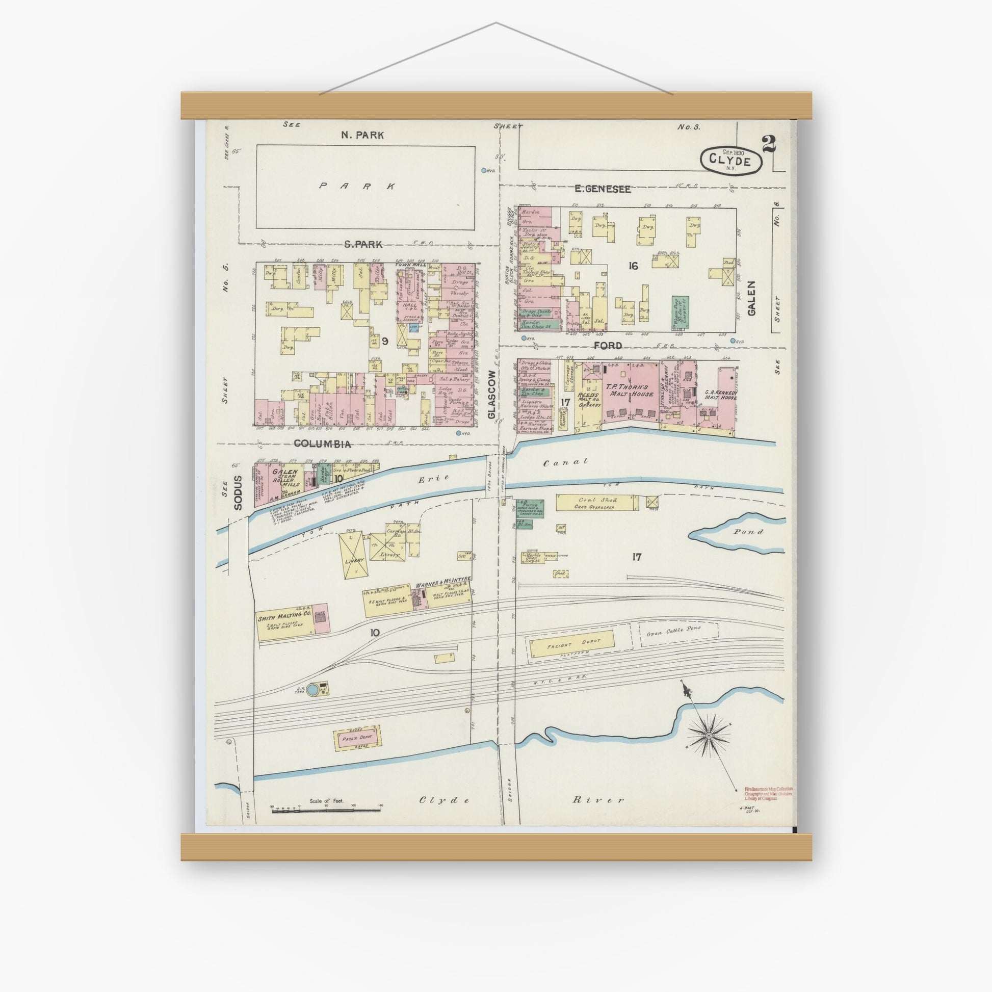 Old map wall art mockup — magnetic wood frame on white wall — Sanborn Fire Insurance Map from Clyde, Wayne County, New York (1890) - Complete Map Set