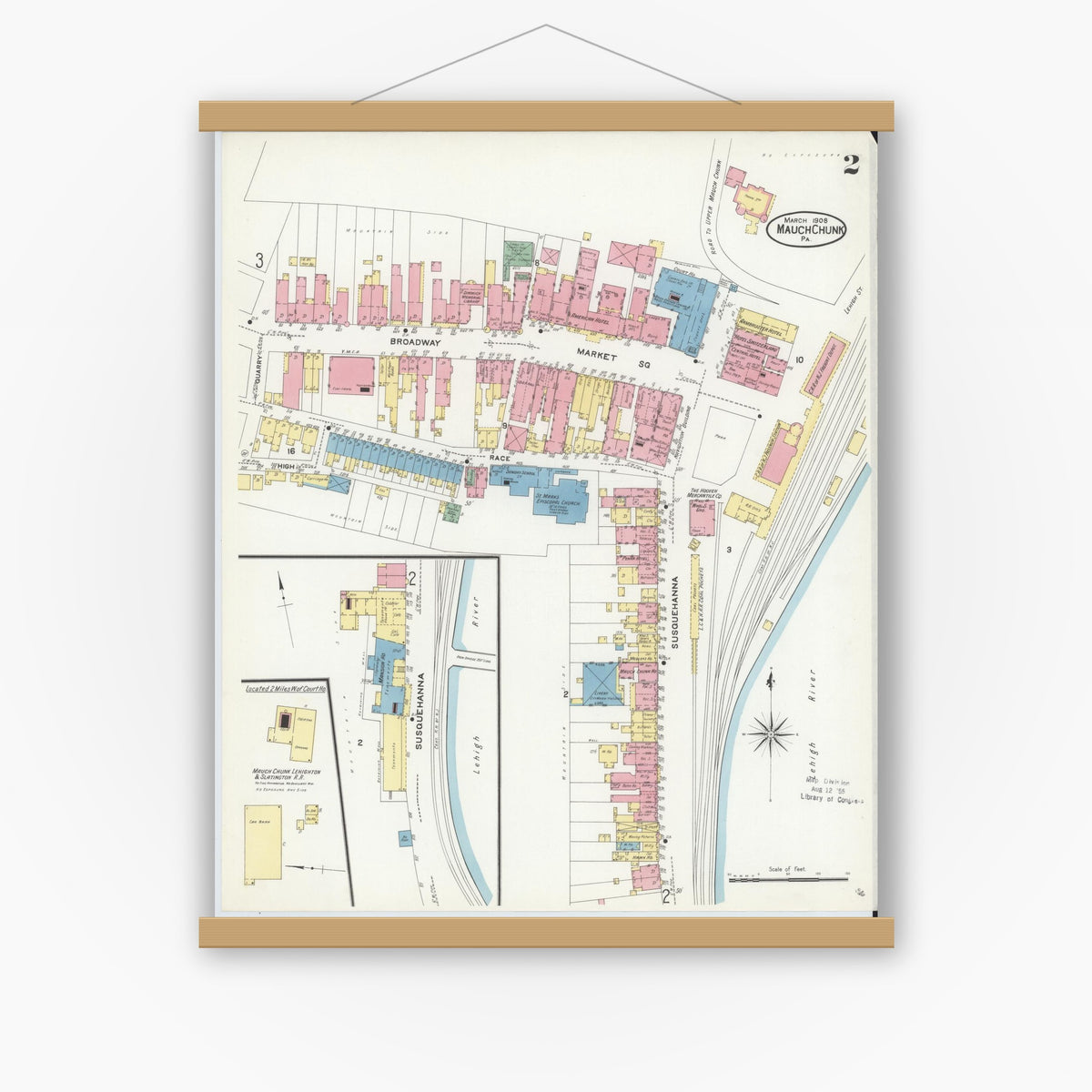 Old map wall art mockup — magnetic wood frame on white wall — Sanborn Fire Insurance Map from Mauch Chunk, Carbon County, Pennsylvania (1908), Sheet #0002