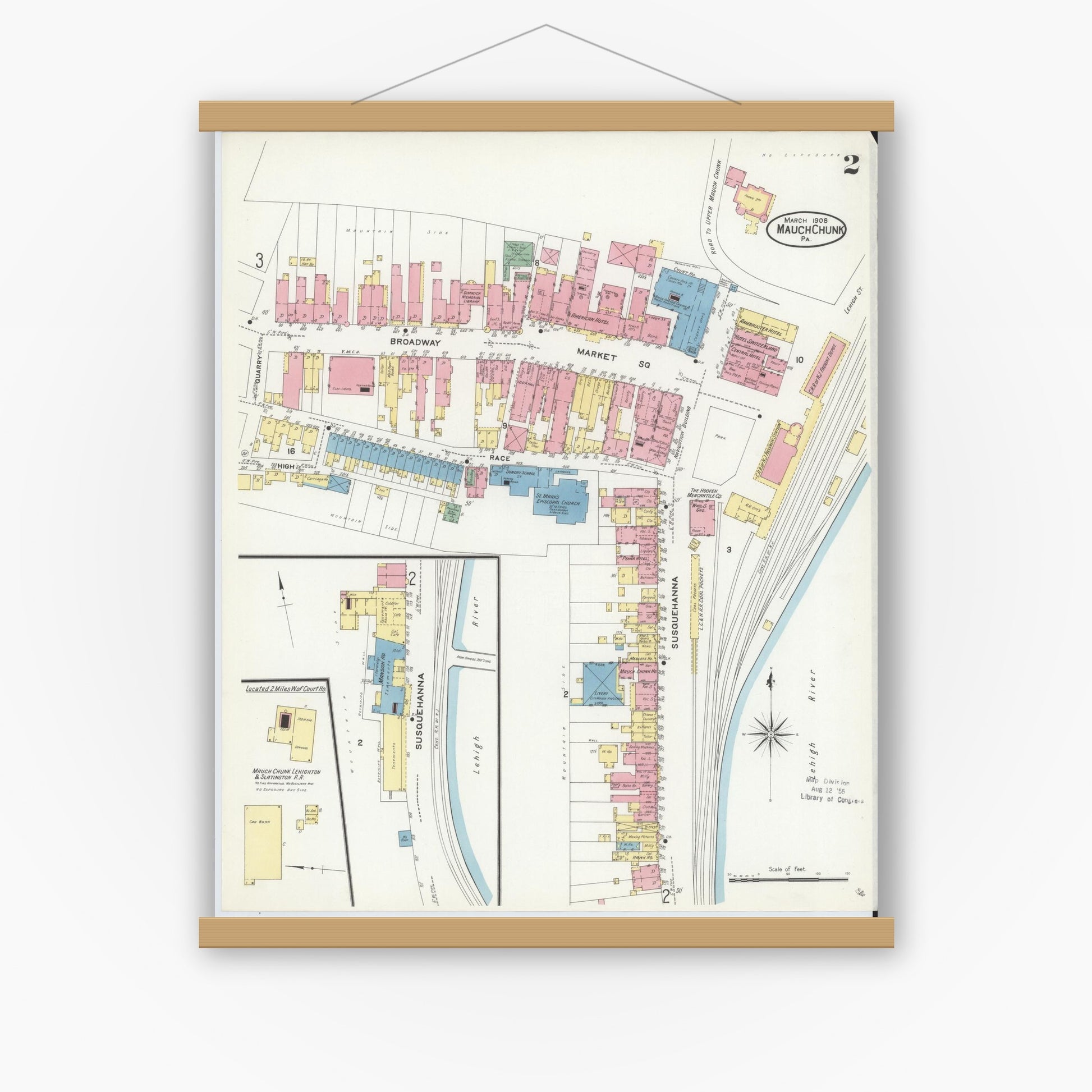 Old map wall art mockup — magnetic wood frame on white wall — Sanborn Fire Insurance Map from Mauch Chunk, Carbon County, Pennsylvania (1908), Sheet #0002