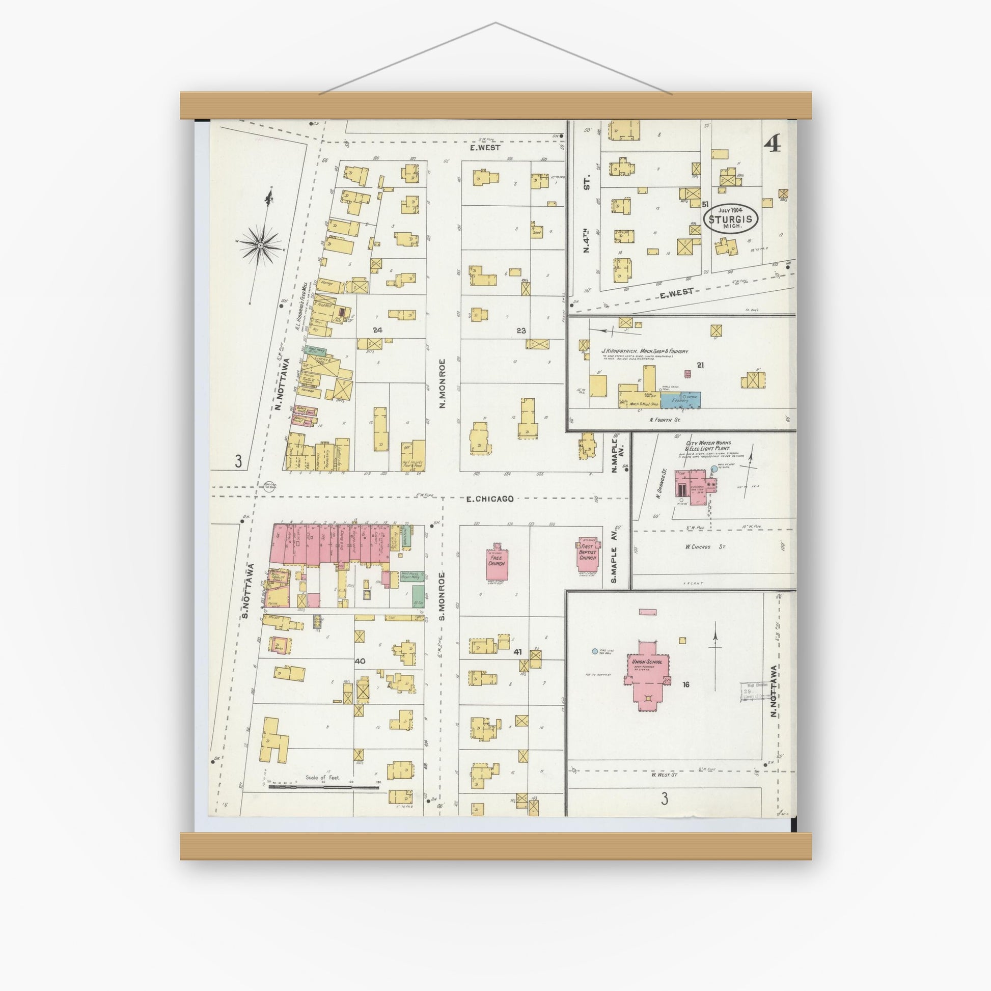Old map wall art mockup — magnetic wood frame on white wall — Sanborn Fire Insurance Map from Sturgis, Saint Joseph County, Michigan (1904), Sheet #0004