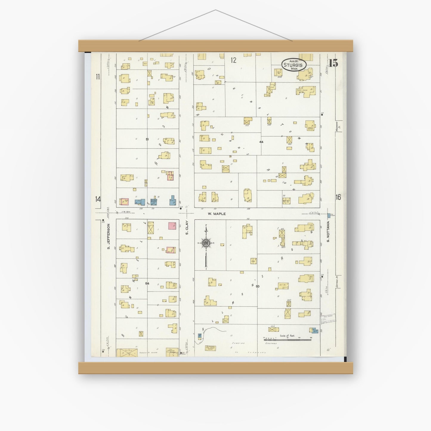 Old map wall art mockup — magnetic wood frame on white wall — Sanborn Fire Insurance Map from Sturgis, Saint Joseph County, Michigan (1911), Sheet #0015