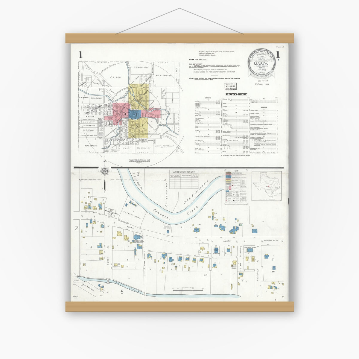 Old map wall art mockup — magnetic wood frame on white wall — Sanborn Fire Insurance Map from Mason, Mason County, Texas (1936) - Complete Map Set