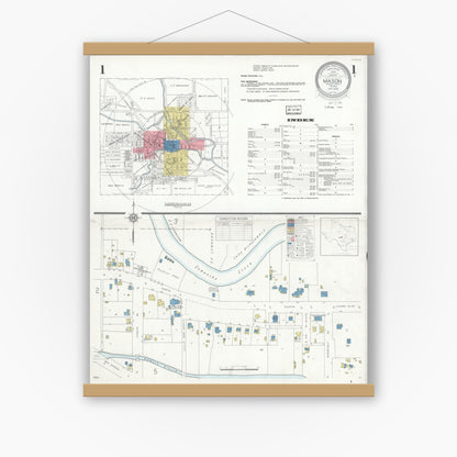 Old map wall art mockup — magnetic wood frame on white wall — Sanborn Fire Insurance Map from Mason, Mason County, Texas (1936) - Complete Map Set