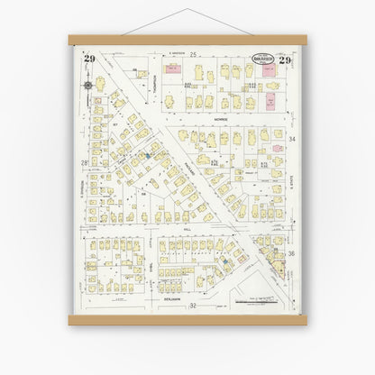 Old map wall art mockup — magnetic wood frame on white wall — Sanborn Fire Insurance Map from Ann Arbor, Washtenaw County, Michigan (1925), Sheet #0029