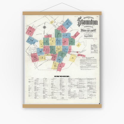 Old map wall art mockup — magnetic wood frame on white wall — Sanborn Fire Insurance Map from Staunton, Independent Cities, Virginia (1909), Sheet #0001
