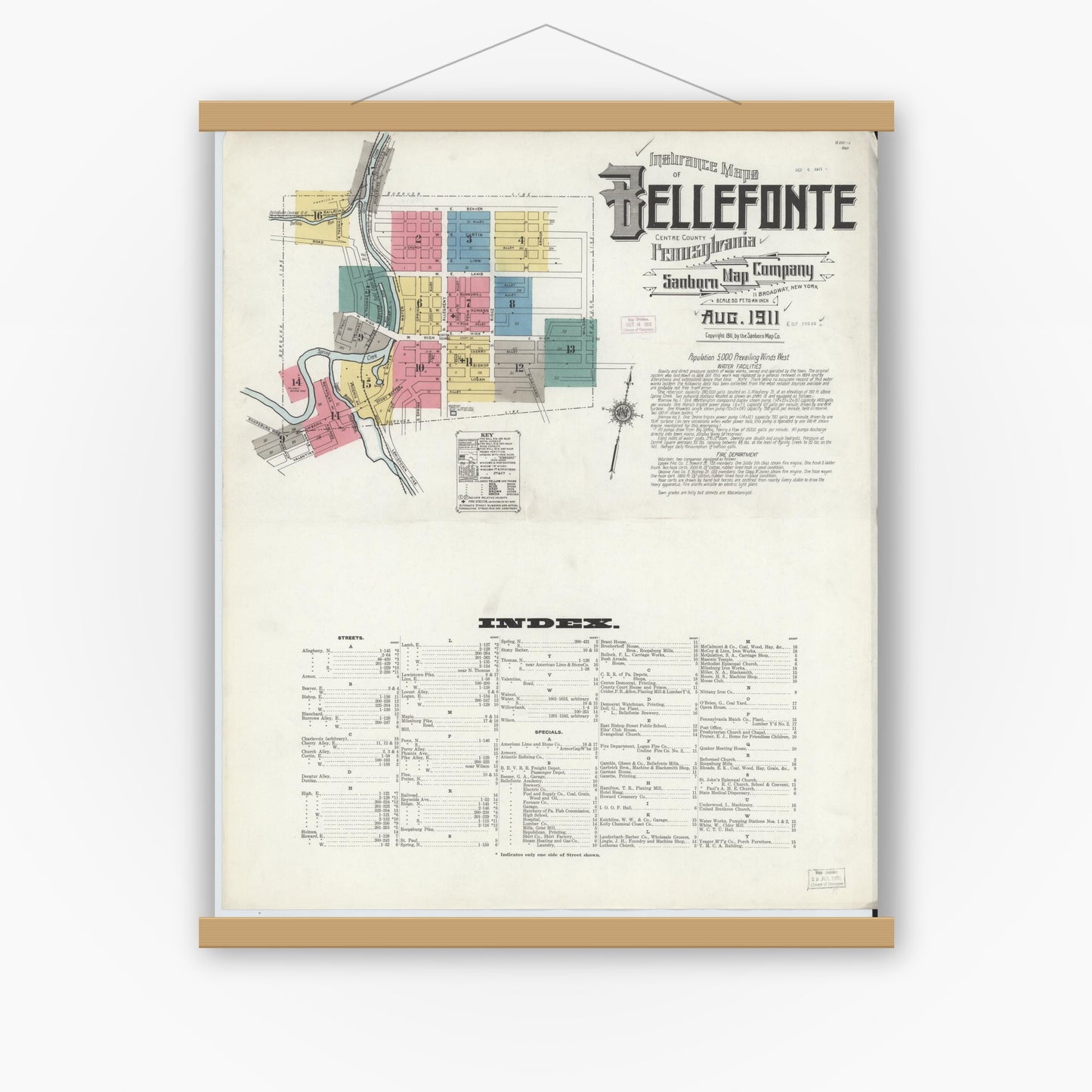 Old map wall art mockup — magnetic wood frame on white wall — Sanborn Fire Insurance Map from Bellefonte, Centre County, Pennsylvania (1911), Sheet #0001