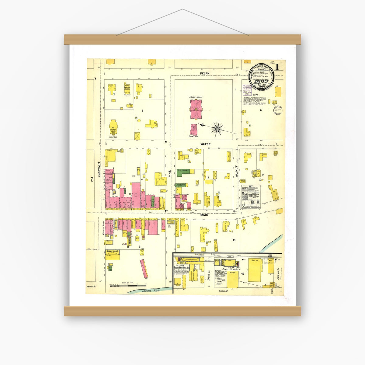 Old map wall art mockup — magnetic wood frame on white wall — Sanborn Fire Insurance Map from Bastrop, Bastrop County, Texas (1901), Sheet #0001