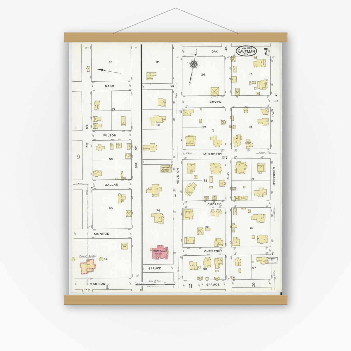 Old map wall art mockup — magnetic wood frame on white wall — Sanborn Fire Insurance Map from Kaufman, Kaufman County, Texas (1920), Sheet #0007