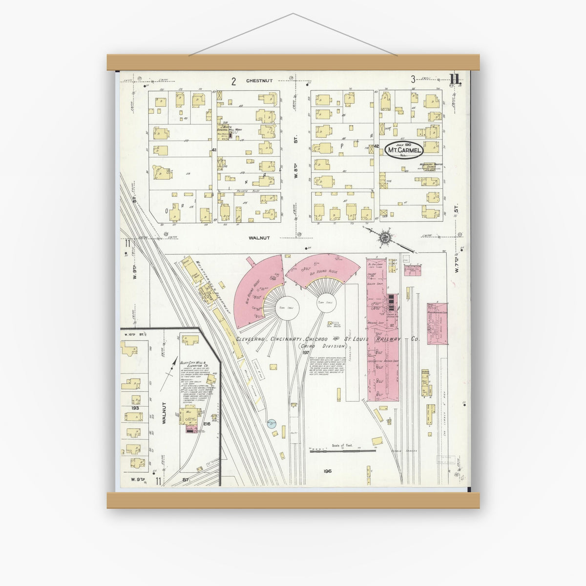 Old map wall art mockup — magnetic wood frame on white wall — Sanborn Fire Insurance Map from Mount Carmel, Wabash County, Illinois (1910), Sheet #0011