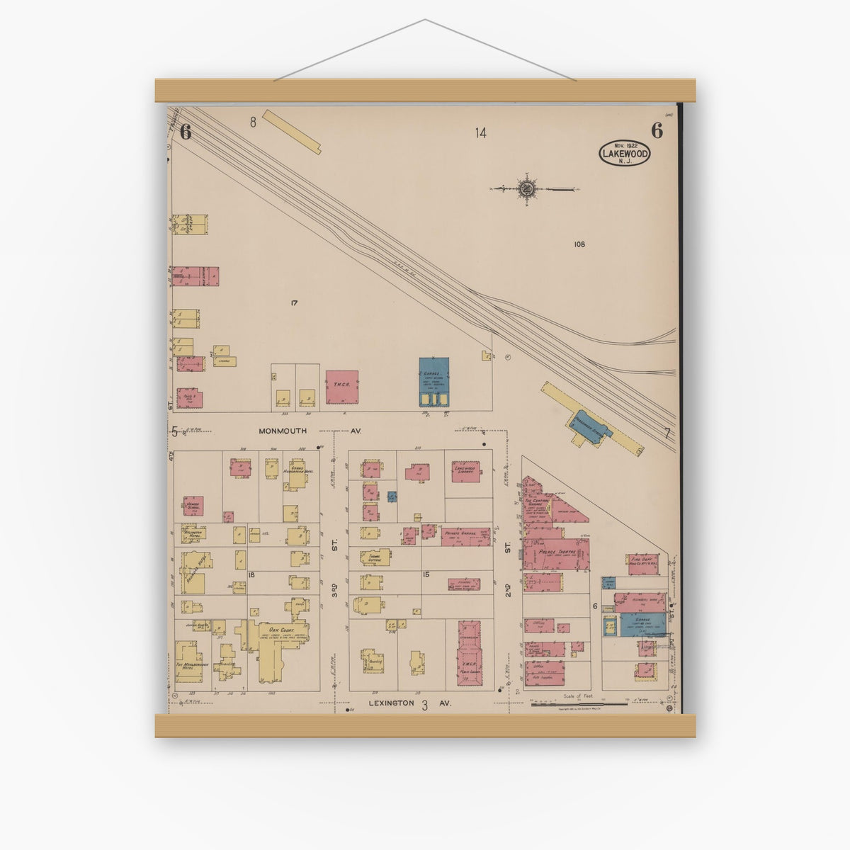 Old map wall art mockup — magnetic wood frame on white wall — Sanborn Fire Insurance Map from Lakewood, Ocean County, New Jersey (1922), Sheet #0006