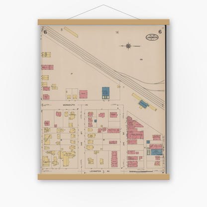 Old map wall art mockup — magnetic wood frame on white wall — Sanborn Fire Insurance Map from Lakewood, Ocean County, New Jersey (1922), Sheet #0006