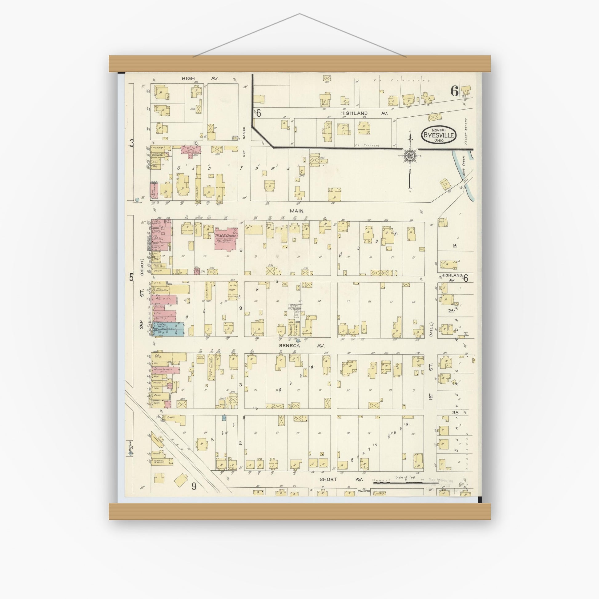 Old map wall art mockup — magnetic wood frame on white wall — Sanborn Fire Insurance Map from Byesville, Guernsey County, Ohio (1913), Sheet #0006
