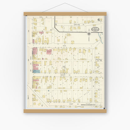 Old map wall art mockup — magnetic wood frame on white wall — Sanborn Fire Insurance Map from Byesville, Guernsey County, Ohio (1913), Sheet #0006