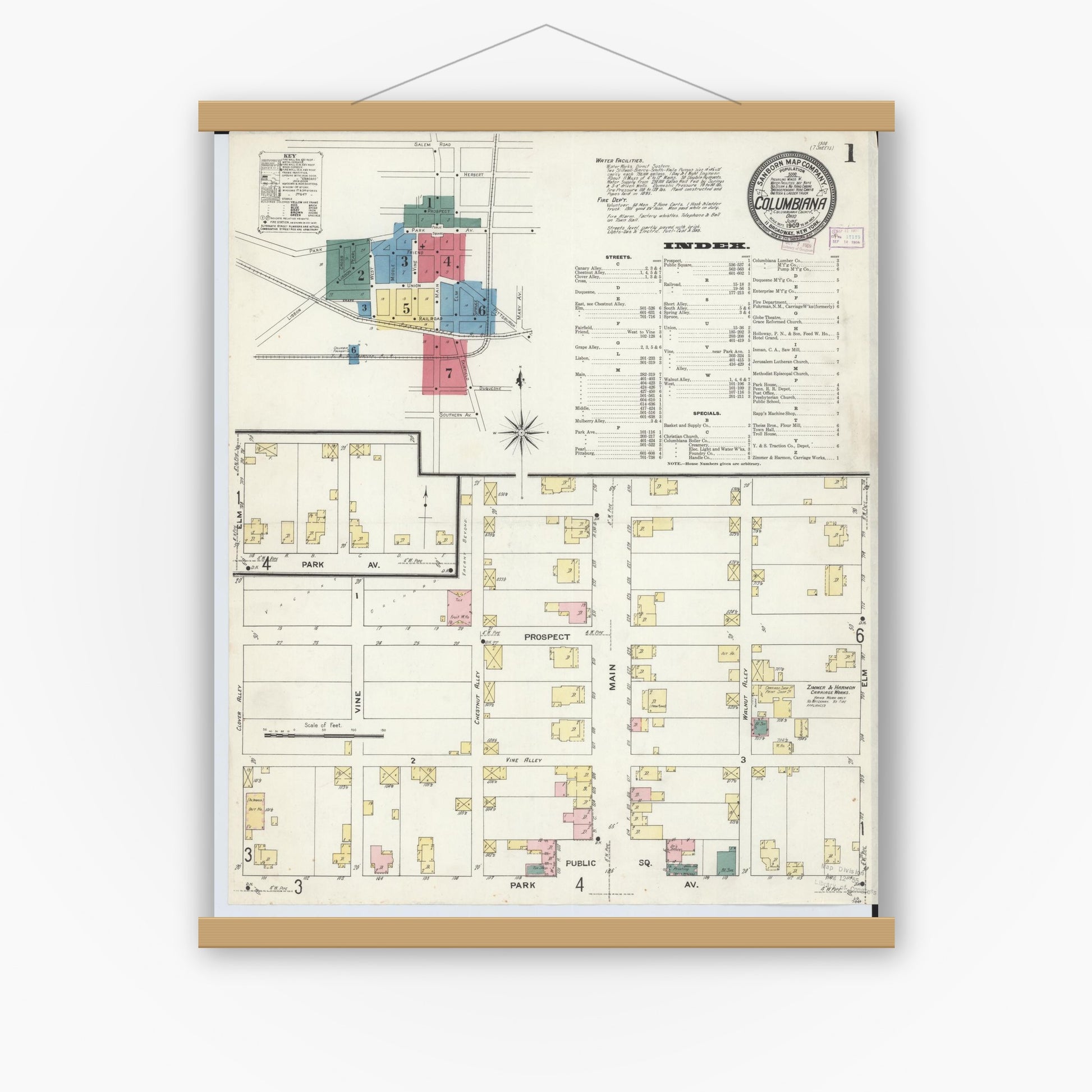 Old map wall art mockup — magnetic wood frame on white wall — Sanborn Fire Insurance Map from Columbiana, Columbiana County, Ohio (1909), Sheet #0001