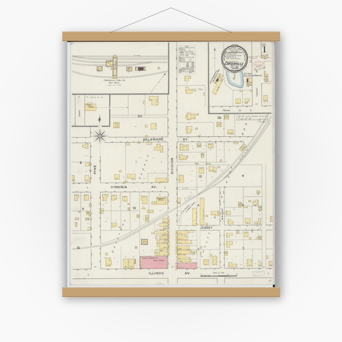 Old map wall art mockup — magnetic wood frame on white wall — Sanborn Fire Insurance Map from Carterville, Williamson County, Illinois (1894), Sheet #0001
