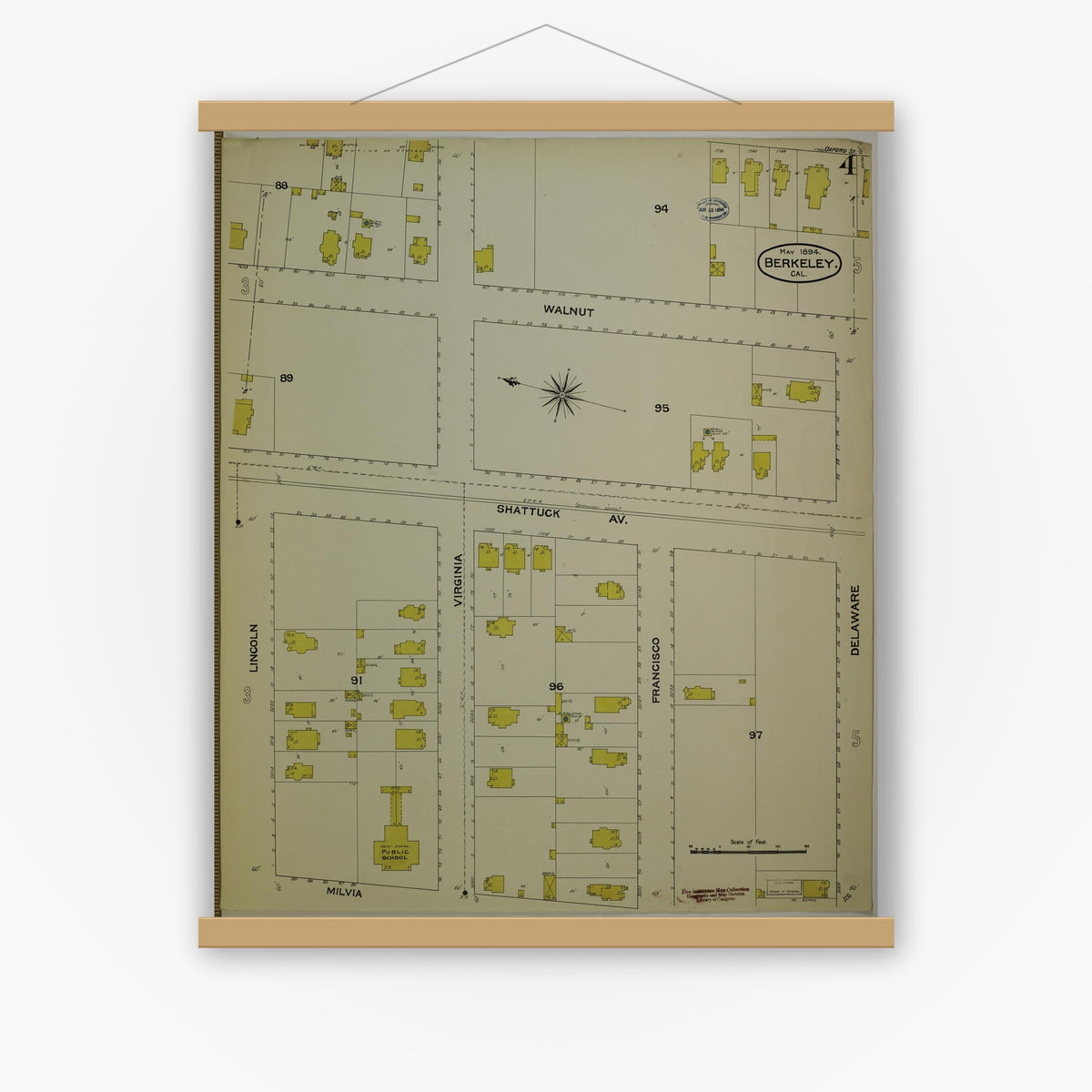 Old map wall art mockup — magnetic wood frame on white wall — Sanborn Fire Insurance Map from Berkeley, Alameda County, California (1894), Sheet #0004