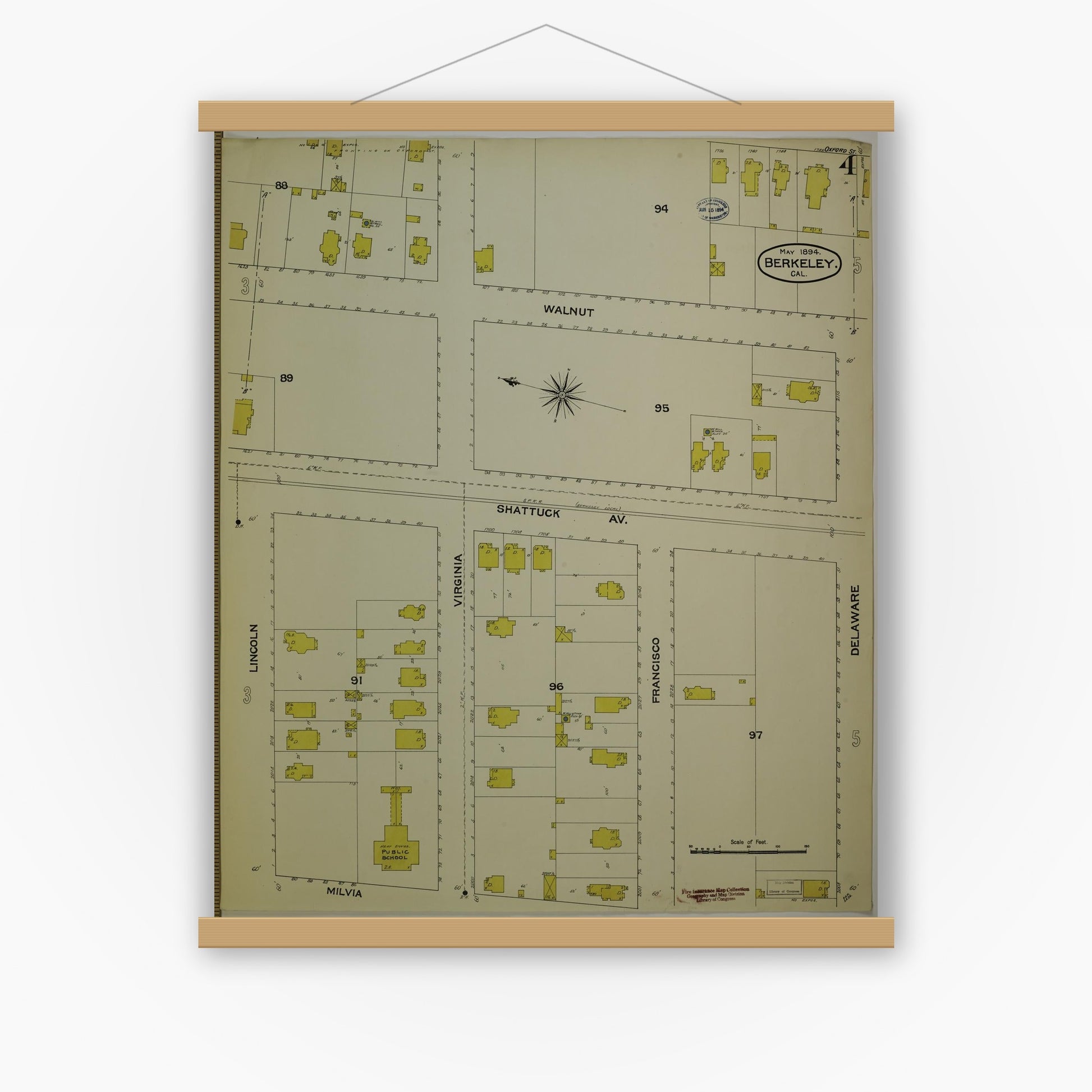 Old map wall art mockup — magnetic wood frame on white wall — Sanborn Fire Insurance Map from Berkeley, Alameda County, California (1894), Sheet #0004