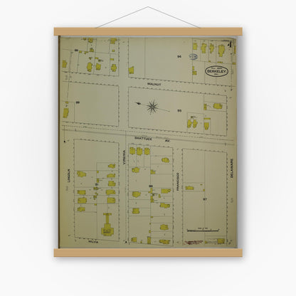 Old map wall art mockup — magnetic wood frame on white wall — Sanborn Fire Insurance Map from Berkeley, Alameda County, California (1894), Sheet #0004
