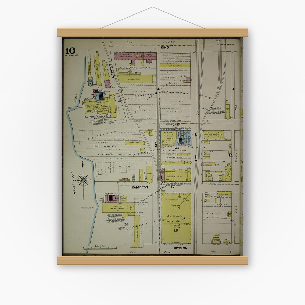 Old map wall art mockup — magnetic wood frame on white wall — Sanborn Fire Insurance Map from La Crosse, La Crosse County, Wisconsin (1891), Sheet #0010