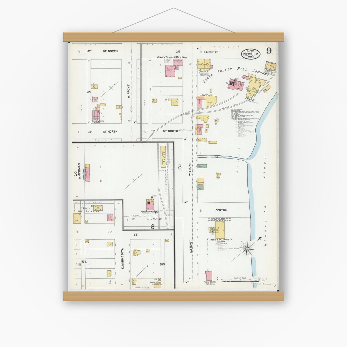 Old map wall art mockup — magnetic wood frame on white wall — Sanborn Fire Insurance Map from New Ulm, Brown County, Minnesota (1899), Sheet #0009