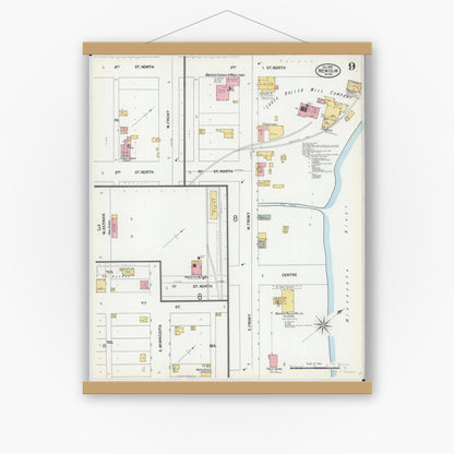 Old map wall art mockup — magnetic wood frame on white wall — Sanborn Fire Insurance Map from New Ulm, Brown County, Minnesota (1899), Sheet #0009
