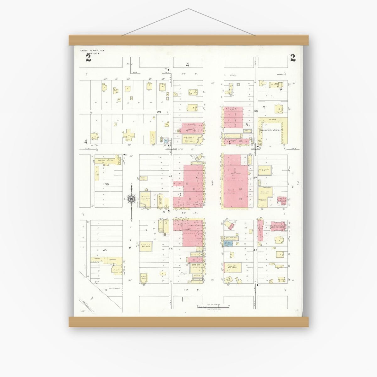Old map wall art mockup — magnetic wood frame on white wall — Sanborn Fire Insurance Map from Cross Plains, Callahan County, Texas (1939), Sheet #0002