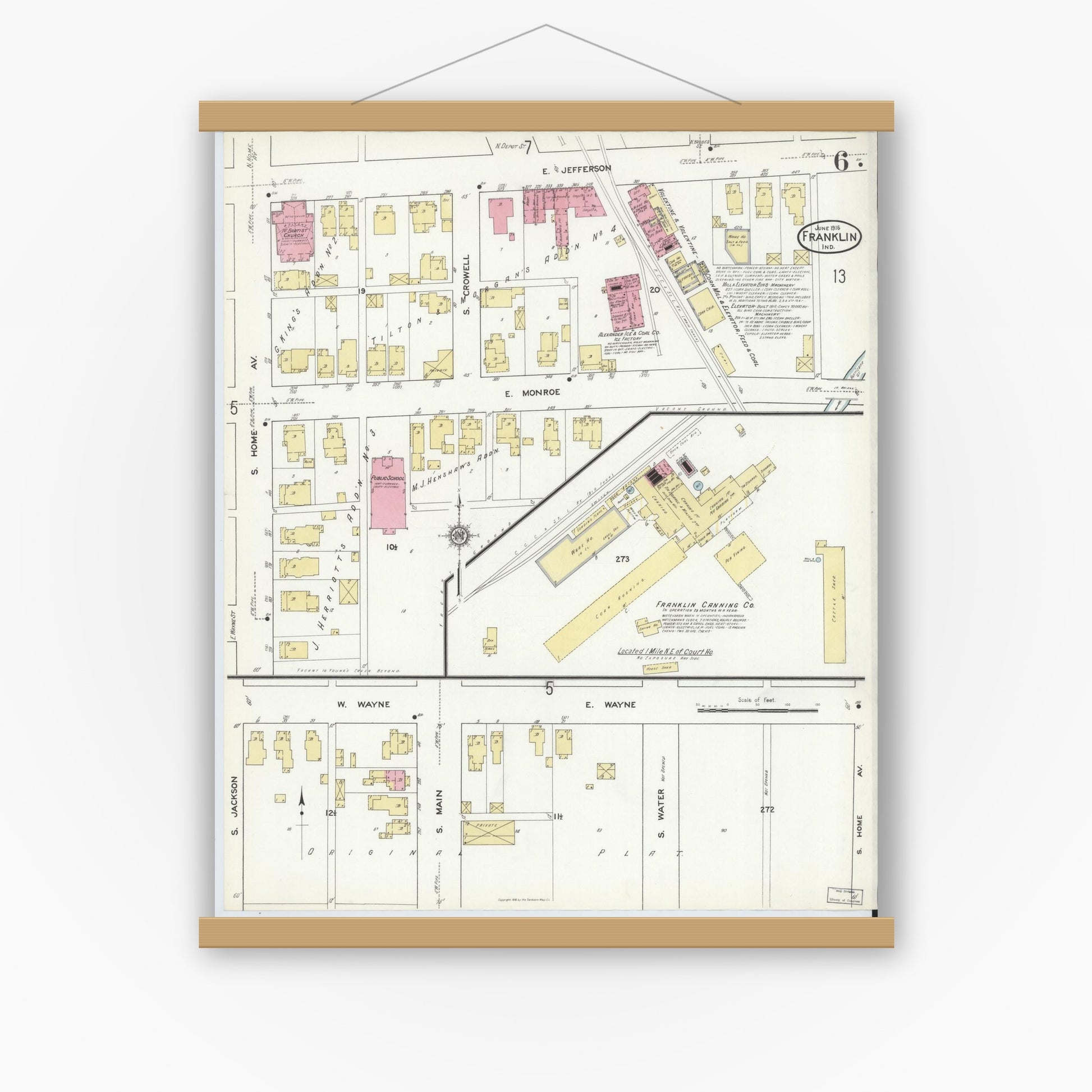 Old map wall art mockup — magnetic wood frame on white wall — Sanborn Fire Insurance Map from Franklin, Johnson County, Indiana (1916), Sheet #0006