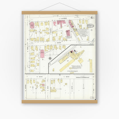 Old map wall art mockup — magnetic wood frame on white wall — Sanborn Fire Insurance Map from Franklin, Johnson County, Indiana (1916), Sheet #0006