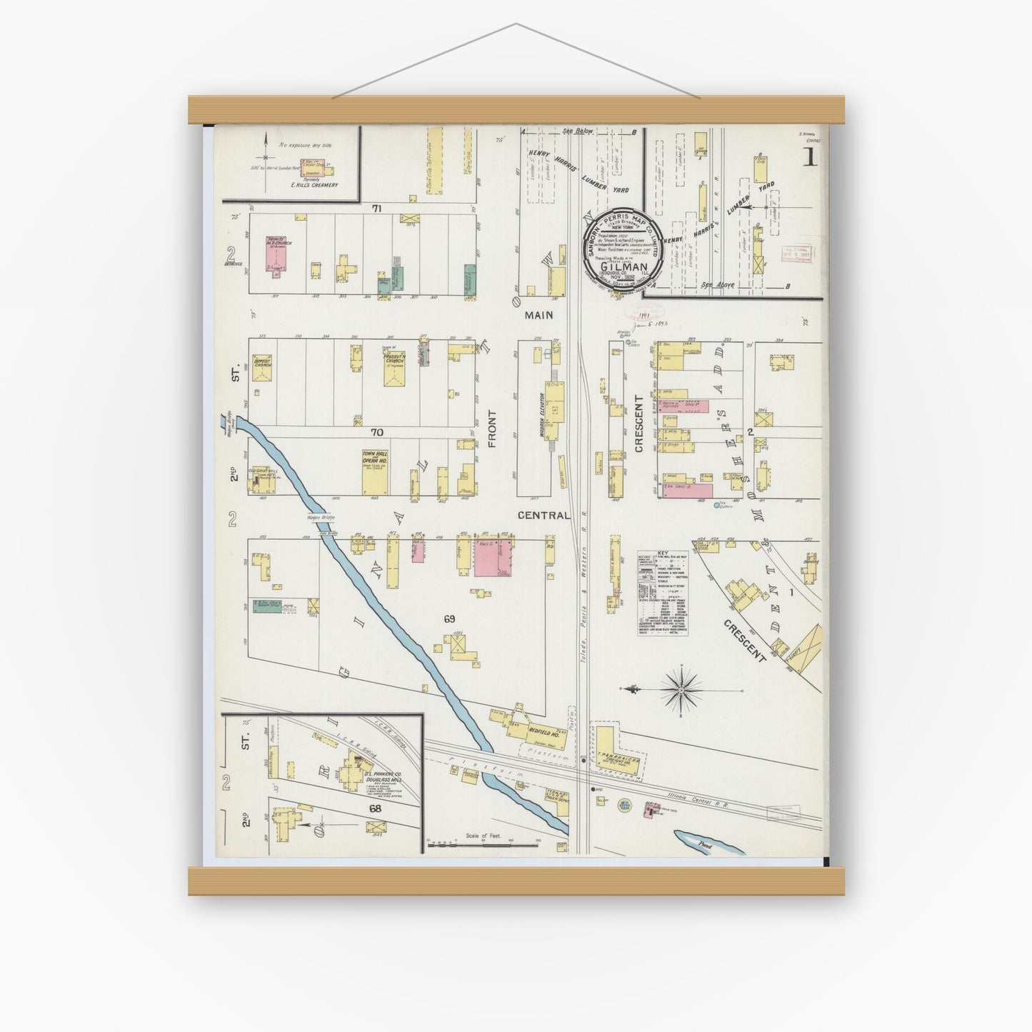 Old map wall art mockup — magnetic wood frame on white wall — Sanborn Fire Insurance Map from Gilman, Iroquois County, Illinois (1892), Sheet #0001