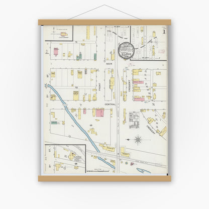 Old map wall art mockup — magnetic wood frame on white wall — Sanborn Fire Insurance Map from Gilman, Iroquois County, Illinois (1892), Sheet #0001